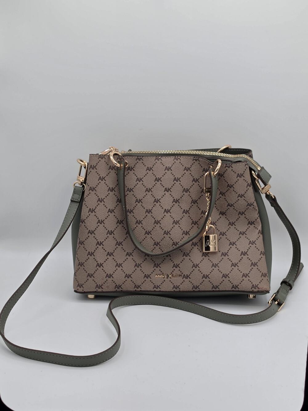 Anne Klein AK Monogram Satchel Handbag Olive Green Crossbody Shoulder Bag